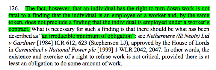 47/ To answer that, the Court needed to identify when there was an 'irreducible minimum of obligation' between the contracting parties. A right to refuse some work wasn't fatal so long as there was an obligation to do some work.