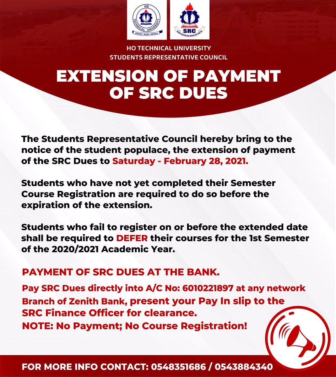 HTUSRC_'s tweet photo. Extension Of Payment Of SRC Dues &amp; Semester Course Registration To Sat.28th February, 2021❗️ https://t.co/86IM7YIdWS