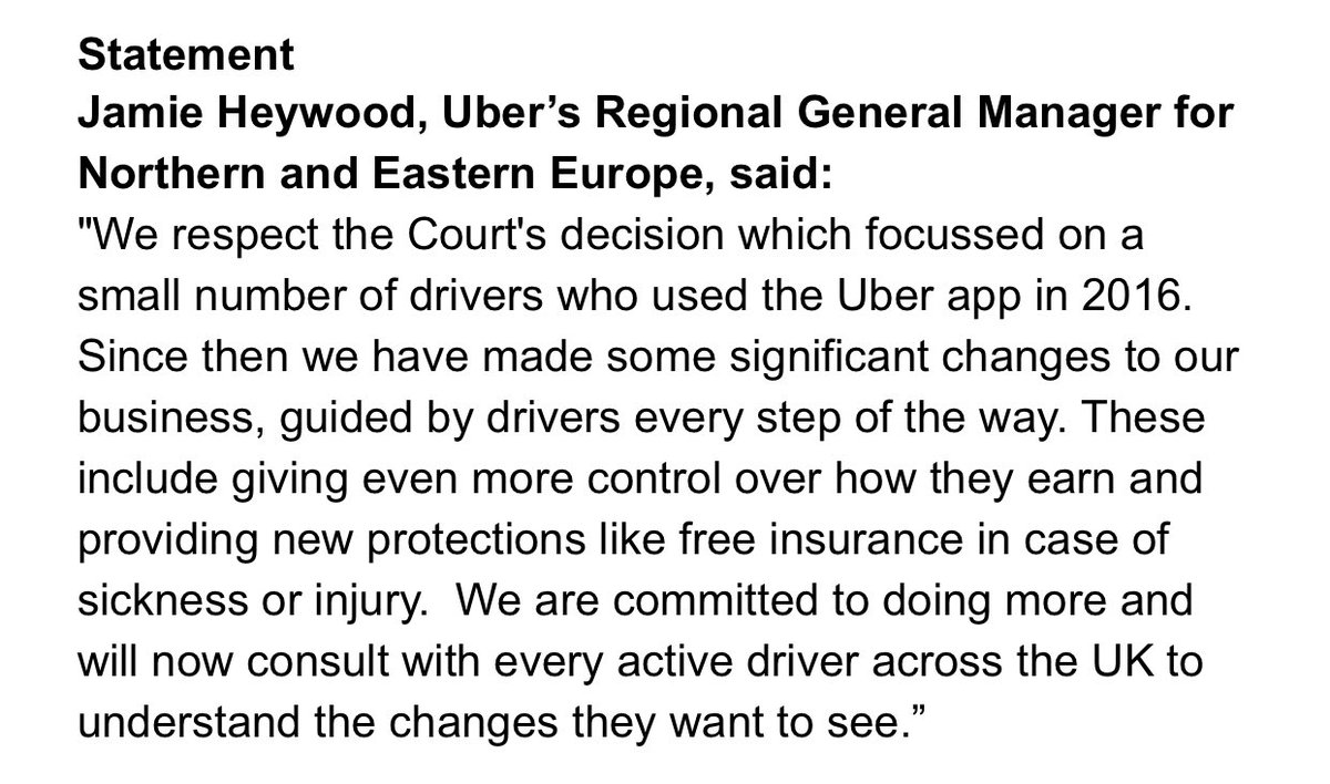 And here is  @Uber 's response - precisely what I expected. 2 points: constant unilateral changes are, if anything, further evidence of tight control; and whilst voluntary benefits & consultations are nice, they are irrelevant when it comes to *complying with the law*