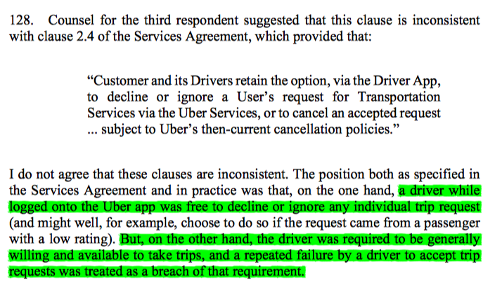 48/ The Court held that logging on brought a driver within the worker definition. Whilst there were documents supportive of this conclusion, the real key was the ET's findings about the coercive penalty regime for being logged in & not accepting rides.