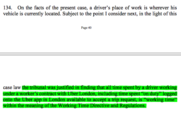49/ Applying that to the WTR, a driver is engaged in working time when logged on to the App, with 1 possible caveat - if logged on to multiply providers' apps at once & able to hold out as available for them all at once, the driver may not be working for Uber at that point.