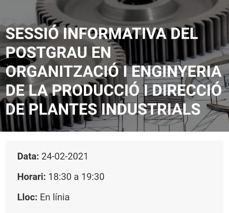 upcmanresa's tweet photo. Sessió informativa del postgrau en Organització i Enginyeria de la Producció i Direcció de Plantes Industrials
📆 24/02/2021
🕖 18:30 a 19:30
📍 En línia
Més info i inscripcions a https://t.co/inkxj7pyIS
@UPC_School
@la_UPC @CampusManresa https://t.co/oIQyLmChib