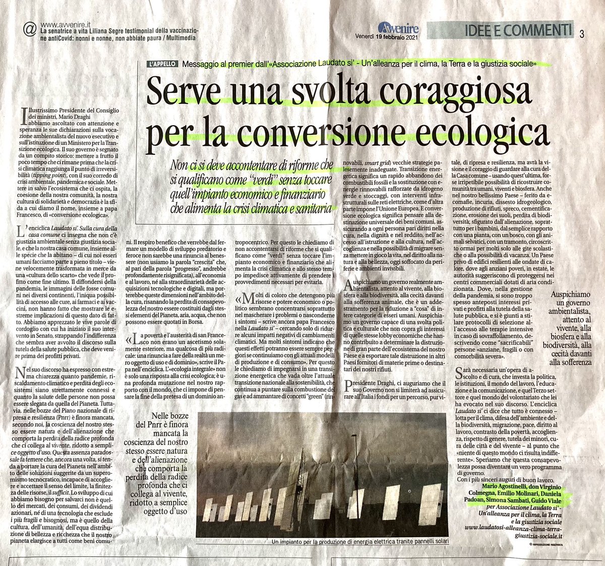 "Serve una svolta coraggiosa per la conversione ecologica" Lettera aperta di associazione Laudato si' al Presidente del Consiglio dei Ministri Mario Draghi
#transizioneecologica #MarioDraghi #ambiente #ecologia