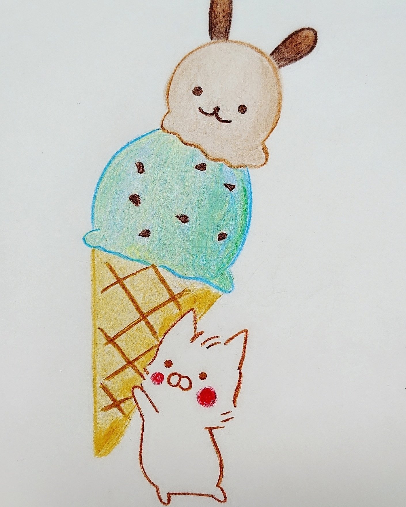 シュクル 2月19日 今日は チョコミントの日 ダブルのノエルアイス サーティワンのナッツ系のフレーバーみたい シュクル Lineスタンプ ラインスタンプ イラスト イラスト好きな人と繋がりたい お絵描き アナログ 色鉛筆 ゆるキャラ チョコ