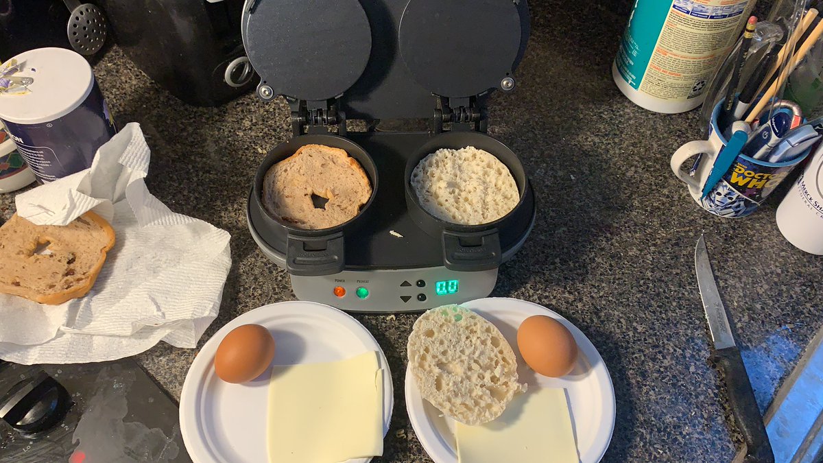 Bottom layer: gluten-free cinnamon raisin bagel and an English muffin