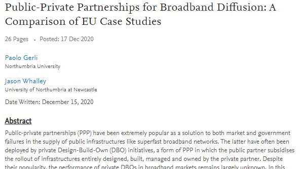 paogerli's tweet photo. Today at 15.45 GMT (10.45 ET) I'm presenting a paper on public private partnerships in the EU #broadband market at #TPRC48.
Based on 3 cases, we found that PPPs achieved their targets but failed to fix market & government failures
To learn moreπ
https://t.co/EZGy8VNN6a https://t.co/D7Vx5gTiee