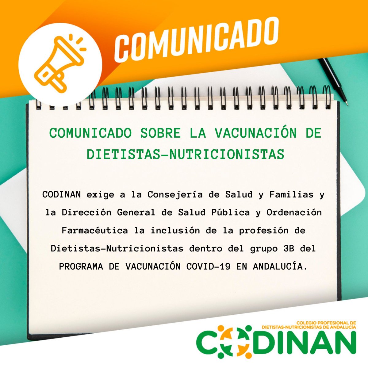 DN_Andalucia's tweet photo. CODINAN exige a @saludand y la Dirección General de Salud Pública y Ordenación Farmacéutica la inclusión de la profesión de Dietistas-Nutricionistas dentro del grupo 3B del PROGRAMA DE VACUNACIÓN COVID-19 EN ANDALUCÍA.
@JuanMa_Moreno @jesusraguirre 
 #josemariadelatorre https://t.co/kLbBRW6tLI