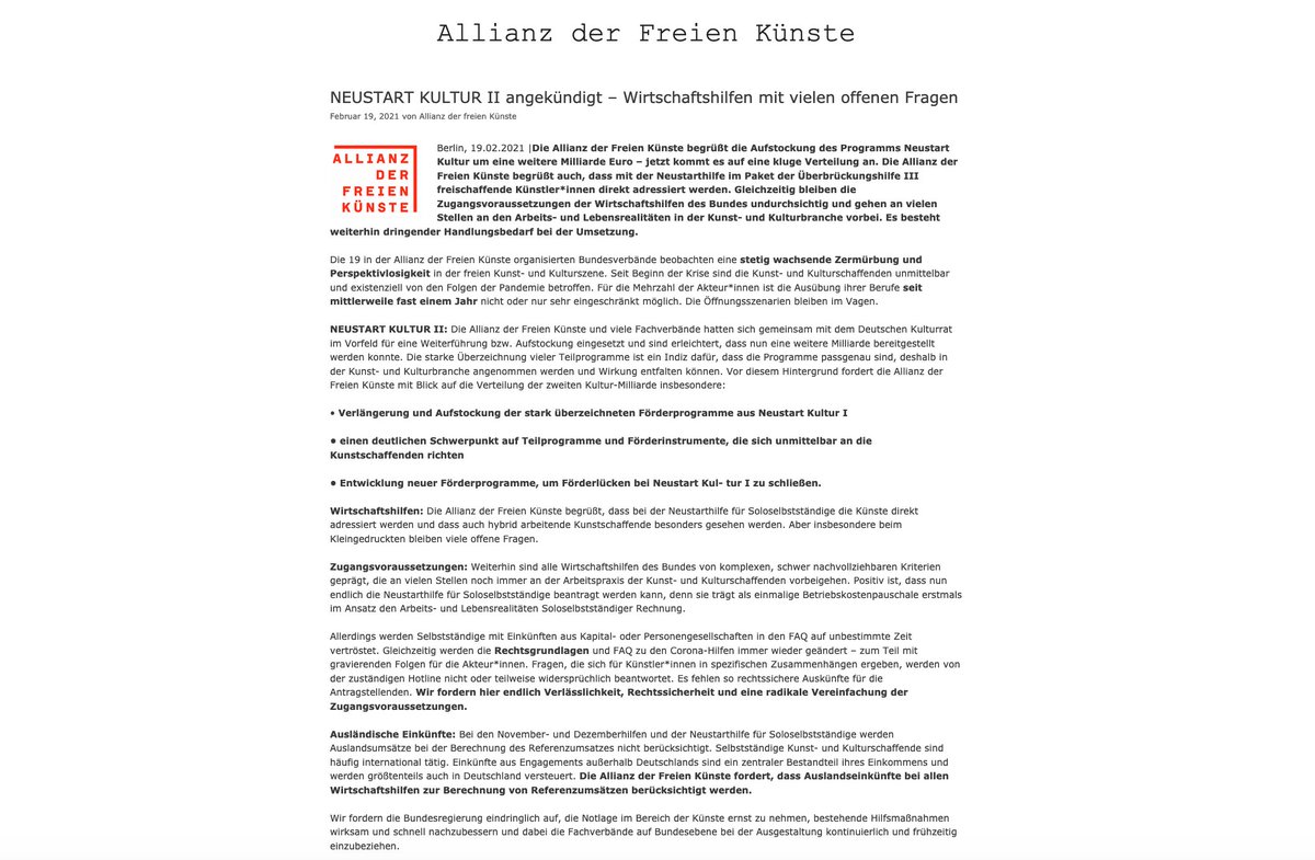 sehr differenzierte PM der #AllianzderFreienKünste - alle Punkte sind vollkommen richtig und alle Forderungen zu unterstützen! Danke @AKunste 
allianz-der-freien-kuenste.de/neustart-kultu…