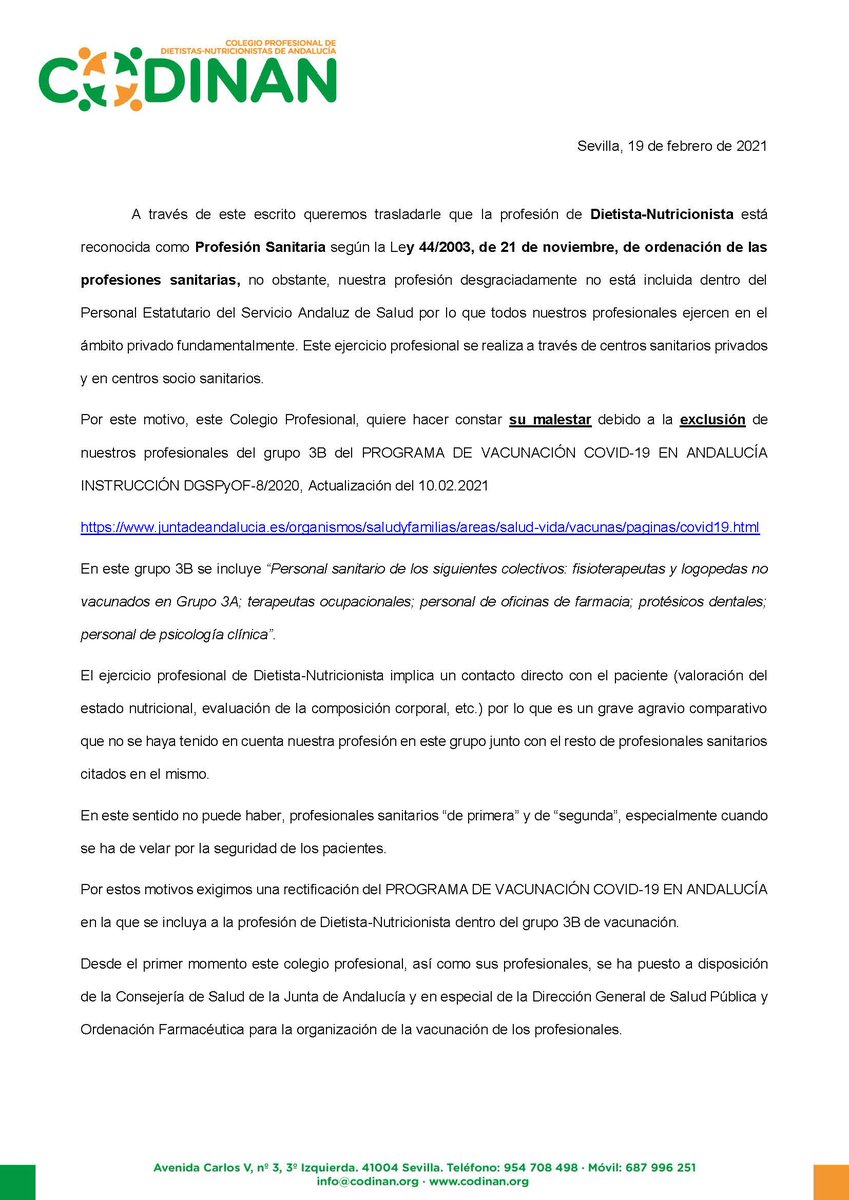 DN_Andalucia's tweet photo. Desde el primer momento CODINAN se ha puesto a disposición de la Consejería de Salud de la Junta de Andalucía y en especial de la Dirección General de Salud Pública y Ordenación Farmacéutica para la organización de la vacunación de los profesionales.
➡ https://t.co/pZYiAmgPFQ https://t.co/J4683yV1Xq