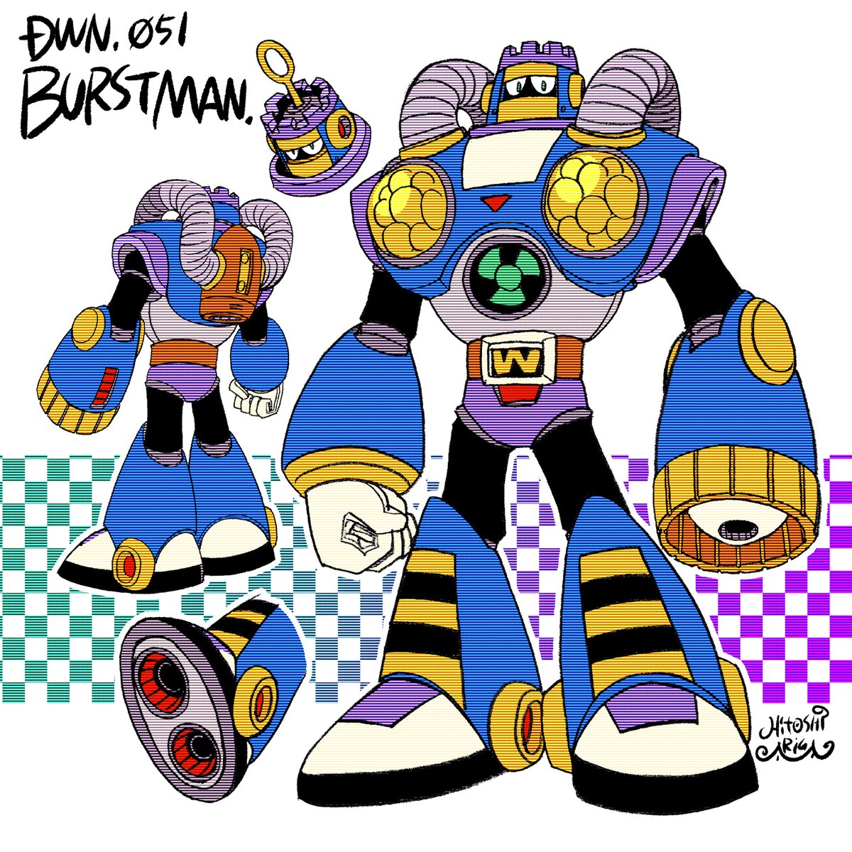DWN.051 バーストマン
ボンボン増刊号読切用(当時未発表)1998年頃初稿、2002年頃改訂、ギガミ用に2008年最終稿 カプコンさんチェック済

レースという舞台での登場だったので物語内では出番が控えめになりましたが、7の中でも大好きなボスです
皆もクラコレでバーストマンと気軽に戦おう 
～o○? 
