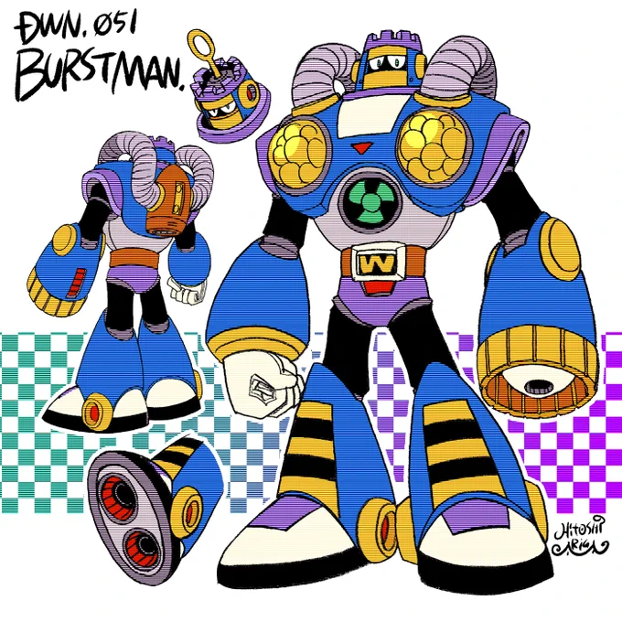 DWN.051 バーストマン
ボンボン増刊号読切用(当時未発表)1998年頃初稿、2002年頃改訂、ギガミ用に2008年最終稿 カプコンさんチェック済

レースという舞台での登場だったので物語内では出番が控えめになりましたが、7の中でも大好きなボスです
皆もクラコレでバーストマンと気軽に戦おう 
～o○? 