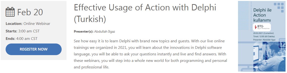 theilgaz's tweet image. I will present Effective Usage of Action with Delphi in Turkish tomorrow.

Check out and register from embarcadero.com/events @EmbarcaderoTech @BTGrubu #Delphi #Delphi26th