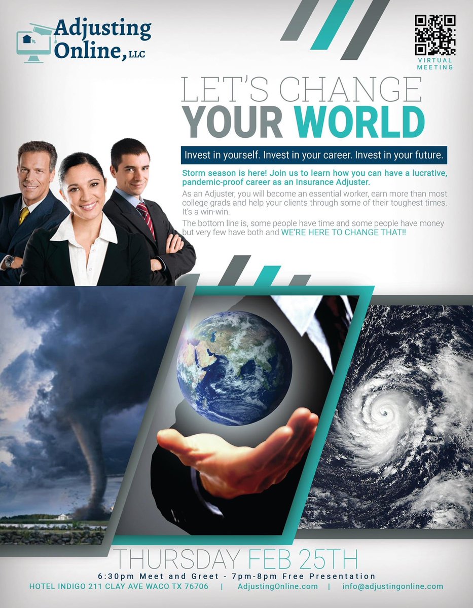 If wanting to learn more about a high paying career in insurance adjusting, we are hosting a meet and greet in Waco on February the 25th. Can attend in person or virtually. Please sign up before spots are filled. This is not a sales pitch. It’s an opportunity for a great career.