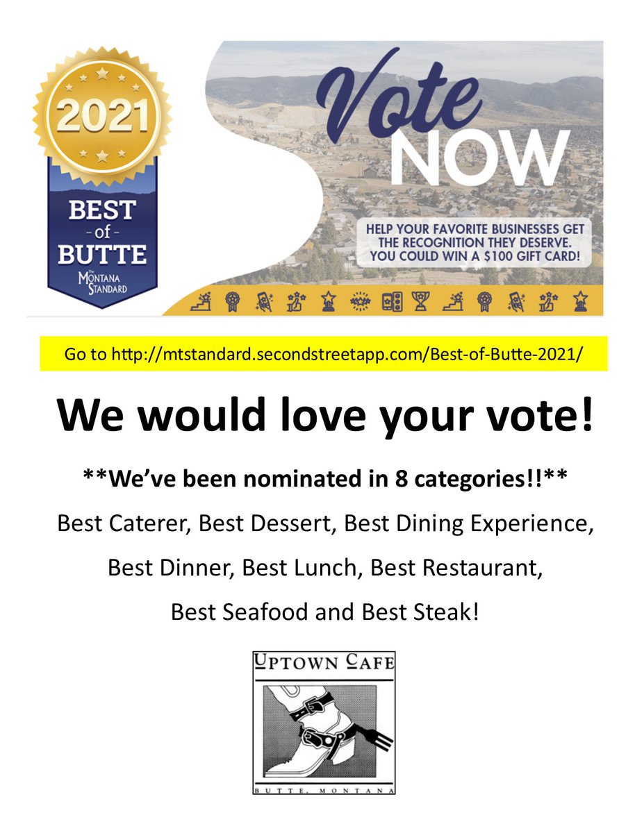 UptownCafeButte's tweet photo. Just a couple days left to Vote!  Vote everyday!  We would love your vote!  https://t.co/D1ps1T8oiR
#Bestofthebest #bestofbutte https://t.co/F8CxY2EzB5