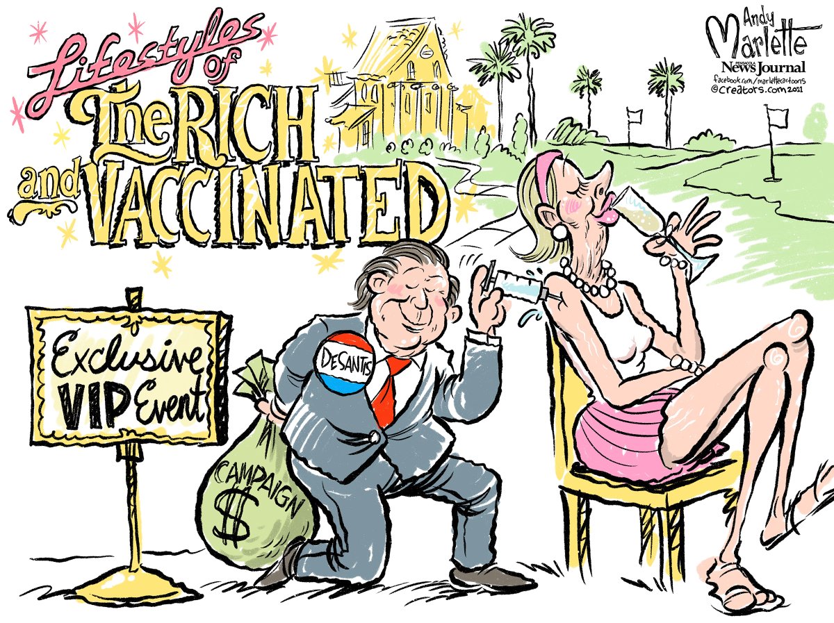 AndyMarlette's tweet photo. #Florida cartoon: @GovRonDeSantis hosts VIP vaccine access to donors, loyalists and wealthy residents...
@RonDeSantisFL https://t.co/5dvA8SLDfD