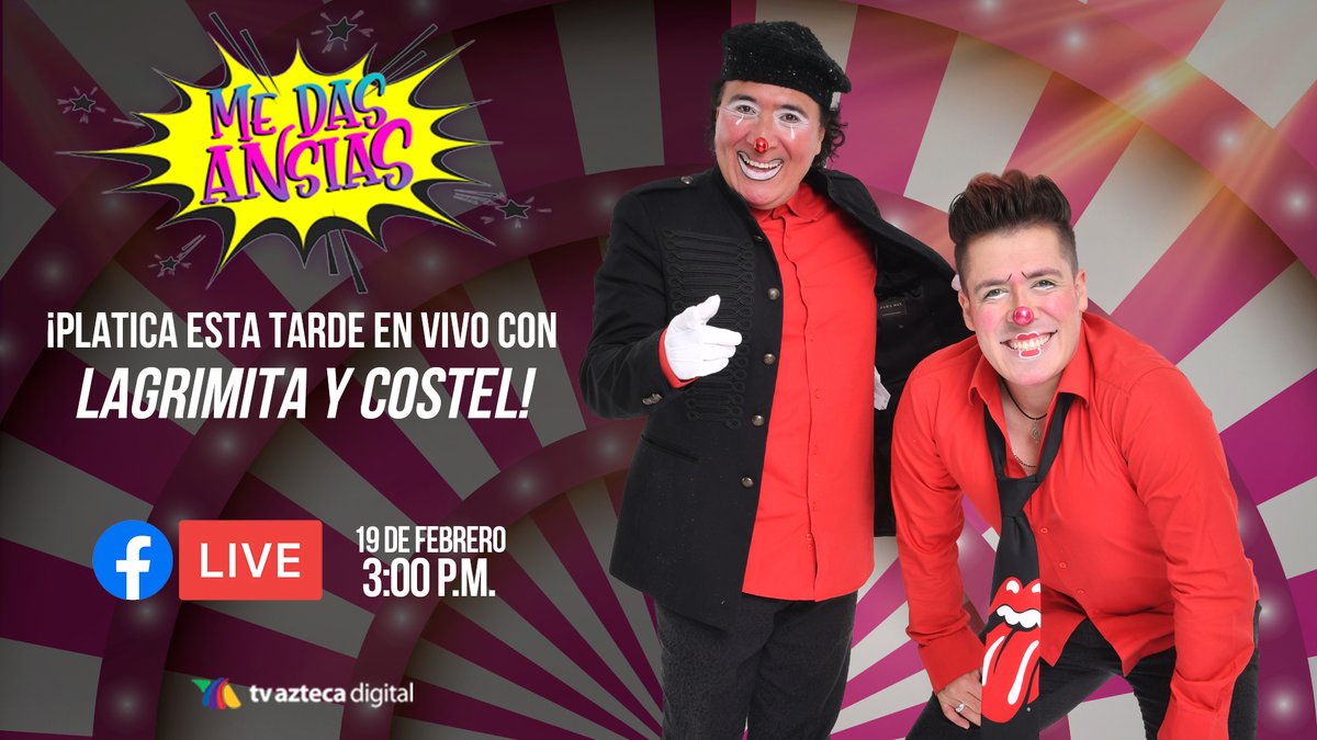amastv's tweet photo. 🤡 #LagrimitaYCostel te esperan para contarte todo lo que quieres saber del GRAN ESTRENO de #MeDasAnsias. 🤩 No lo olvides, conéctate ESTA TARDE 3:00 p.m. a través de 🔴 Facebook Live. ¡Prepara tus preguntas! 🤣 https://t.co/8m0xFilFjV