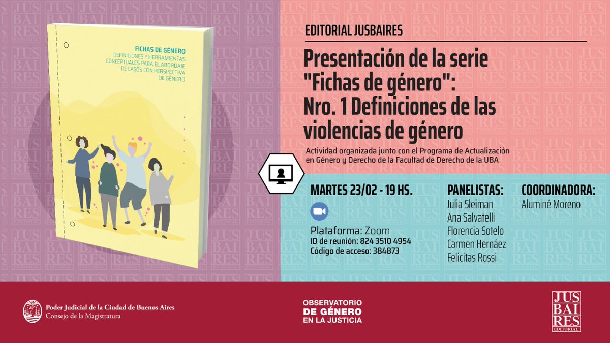 Junto con <a href="/GeneroyDerechoU/">Géneros y feminismos - Derecho UBA</a> 
 y <a href="/editorialjus/">Editorial Jusbaires</a> invitamos a la presentación de la serie "Fichas de género": Nro. 1 Definiciones de las violencias de género.

Participarán: Julia Sleiman, <a href="/asalvatelli/">Ana Salvatelli</a>, Felicitas Rossi, Florencia Sotelo, Carmen Hernaez. Modera <a href="/malumoreno2010/">Malú Moreno</a>