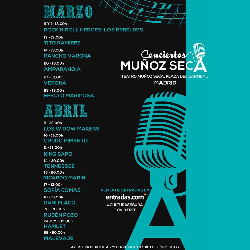 Nuevo ciclo <a href="/TeatroMunozSeca/">Teatro Muñoz Seca.</a> <a href="/LosRebeldesOfi1/">Los Rebeldes Oficial</a> <a href="/Panchovarona/">Pancho Varona</a> <a href="/amparanoiaofi/">Amparanoia</a> <a href="/CrazyyButterfly/">niñaveneno</a> <a href="/LosWidowMakers/">Los Widow Makers</a> <a href="/CrudoPimento/">Crudo Pimento</a> <a href="/Jose56555633/">kingsapo</a> <a href="/DaniFlaco_/">Dani Flaco</a> <a href="/sofiacomasmusic/">Sofía Comas</a> <a href="/RubenPozoPrats/">Rubén Pozo</a> <a href="/Hamletband/">Hamlet</a> #conciertosenmadrid #conciertosmatinales #CulturaSegura #muñozseca #titoramirez
