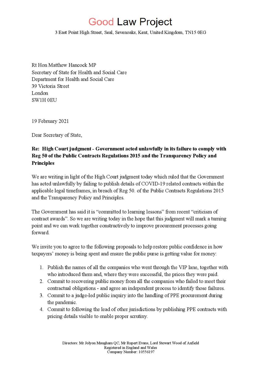 GoodLawProject's tweet image. These are our asks of @MattHancock - we will halt our slate of procurement challenges if he agrees to them.

We think they are reasonable requests to protect taxpayers' money. Will he agree, and if not, why not?