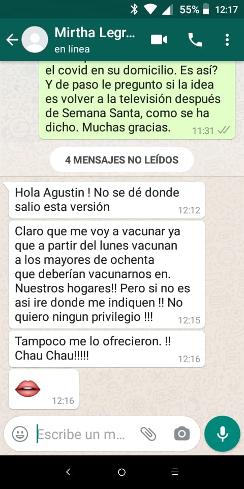 La respuesta de <a href="/mirthalegrand/">Mirtha Legrand</a> ante mi consulta sobre la versión que indicaba que hoy le iban a aplicar la vacuna contra el coronavirus en su casa