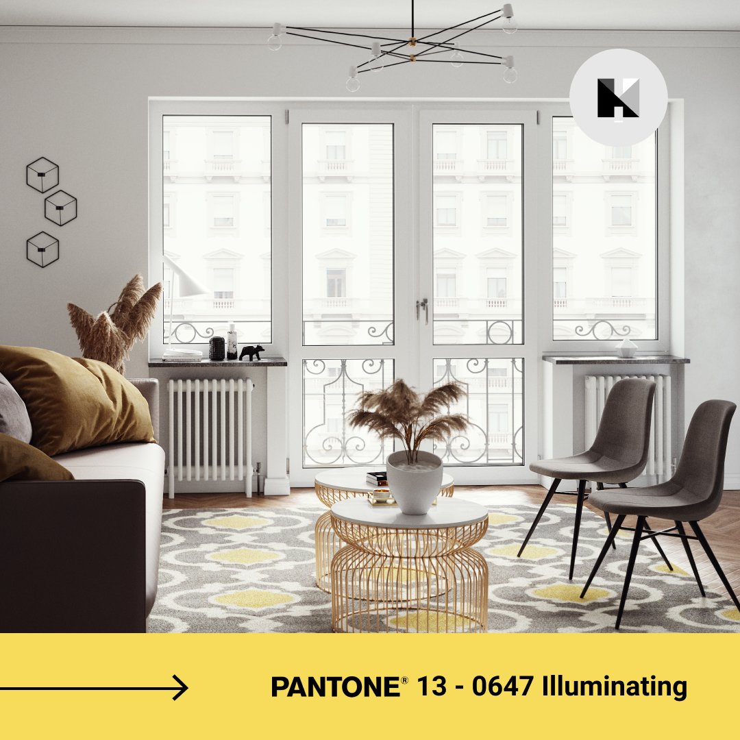 feelathum's tweet photo. @Pantone recently released the #coloroftheyear, signifying Strength and Hope. We let our AI craft some interior decorations inspired by the Ultimate Grey and Illuminating colors. What do you think about the results? Would you use these colors for your home decoration? https://t.co/wvBiTHNalI