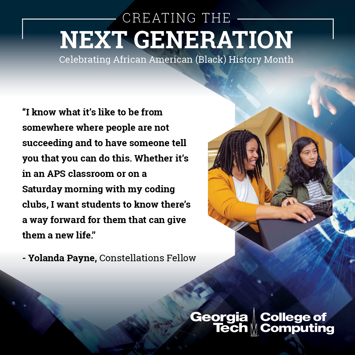GT_CCEC's tweet photo. Outside of her work at Constellations, Yolanda Payne is #CreatingTheNextGeneration by running Girls Who Code and Code Club programs on the weekends to excite middle school boys and girls about careers in STEM. #BlackHistoryMonth
https://t.co/vLJMwQeTjn https://t.co/NksN8MmhMA