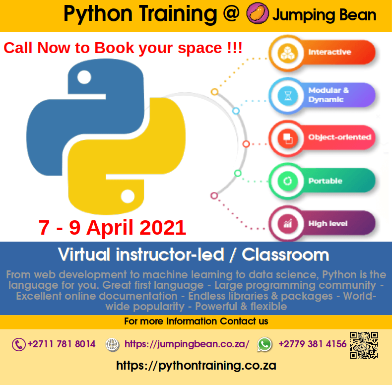 jumpingbeansa's tweet image. Python Training
pythontraining.co.za
Call +27 11 781 8014
email:support@jumpingbean.co.za
#PythonCertificationTraining #PythonProgrammer #pythontrining #python