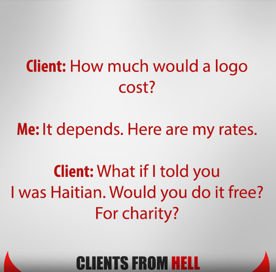ParttimeKyle's tweet photo. "ARE YOU Haitian?"
"No, but what if I TOLD you I was."

What's the slimiest way a client has tried to get a discount from you? https://t.co/4r5AkdH540 https://t.co/tXxfABO9Ni