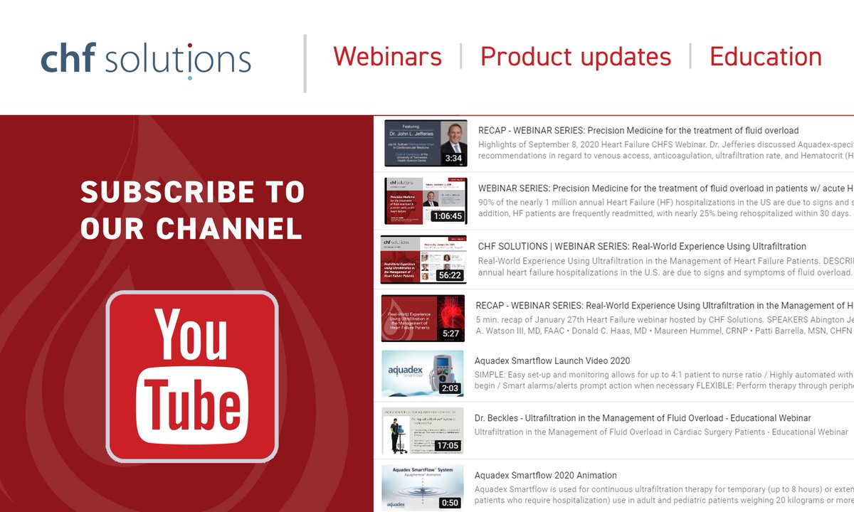 CHFS | WEBINAR SERIES - Review our 2 Heart Failure webinars. #HFWeek2021 
a) Precision Medicine for the treatment of fluid overload in patients with acute heart failure
youtu.be/N0TB4AyMl7w
b) Real-World Experience Using Ultrafiltration: youtu.be/qPdFKKi8zQ8