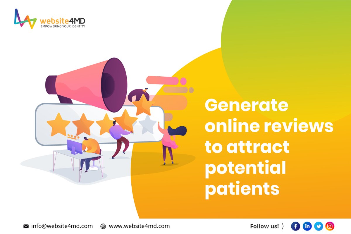 Website4MD's tweet photo. Your practice must have positive feedbacks for prospective patients to choose you. Encourage your customers to leave an online review for your practice. Reviews from happy, satisfied patients allow other patients who are looking for doctors to learn more about you. https://t.co/YVveuE5E7r