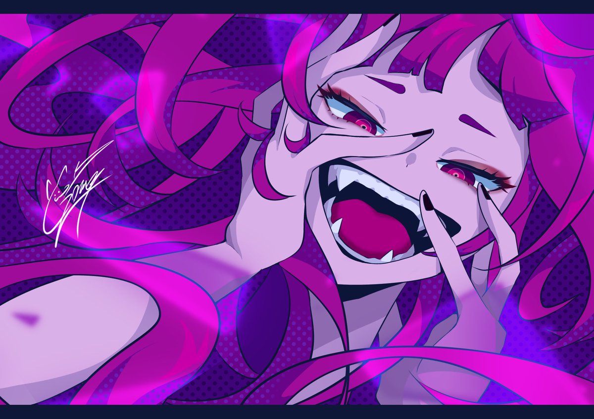 1girl solo fangs open mouth hands on own face long hair pink hair  illustration images