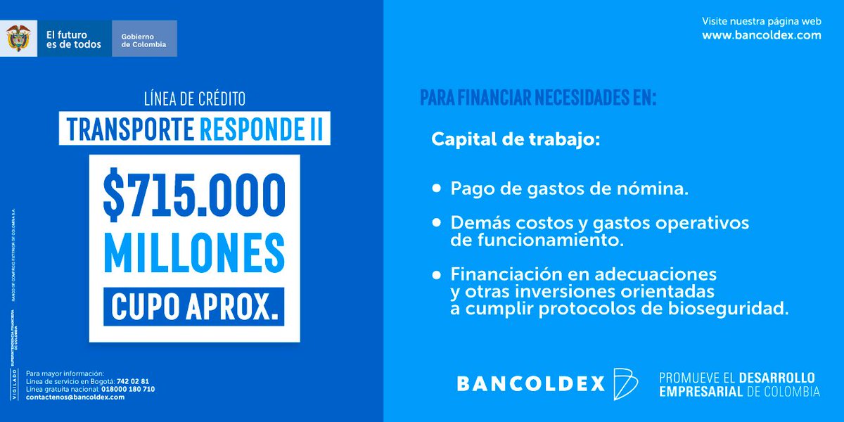 Bancoldex's tweet image. Con el apoyo de @MinHacienda y @MinTransporteCo, lanzamos la segunda fase de la línea de crédito #TransporteResponde.

Los transportadores del país podrán acceder a soluciones financieras para contar con mayor liquidez en sus negocios. 

Conoce más 👉bit.ly/2Yz49j8