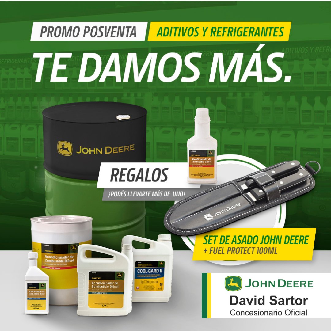 sartor_david's tweet photo. Comprando uno de los combos de #aditivos y #refrigerantes de #johndeere te podés llevar sets de asado, y bottelas de Fuel- Protect de 100 ml de regalo 
Mientras más compras, más te llevas
#davidsartor https://t.co/HwkaD6jgI7