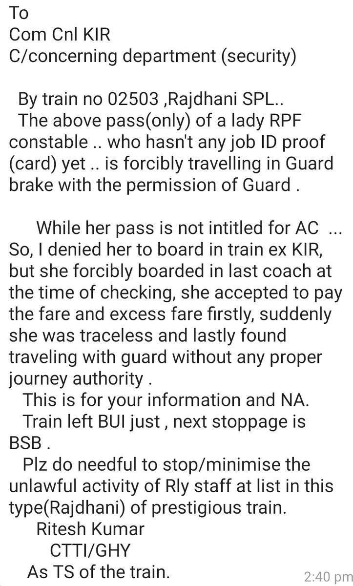 IRTCSO (@irtcso) on Twitter photo <a href="/PMOIndia/">PMO India</a>
<a href="/RailMinIndia/">Ministry of Railways</a>
<a href="/PiyushGoyal/">Piyush Goyal</a>
<a href="/IR_CRB/">RB CRB</a>
<a href="/gm_nfr/">NF Railway, Guwahati</a>
<a href="/GM_NRly/">GM Northern Railway</a>
<a href="/DRMLumding/">Ashish Sharma</a>
@drmlko25
<a href="/dgpup/">DGP UP</a>
<a href="/CMOfficeAssam/">Chief Minister Assam</a>
<a href="/News18Northeast/">News18 Assam NE</a>
#TTE_manhandled_by_RPF
Ritesh Kumar TS/LMG Divn/NFRly was forcely detained & Manhandled by RPF/BSB for not alowing Lady RPF w/o. Proper authority in 02503 <a href="/PMOIndia/">PMO India</a>
<a href="/RailMinIndia/">Ministry of Railways</a>
<a href="/PiyushGoyal/">Piyush Goyal</a>
<a href="/IR_CRB/">RB CRB</a>
<a href="/gm_nfr/">NF Railway, Guwahati</a>
<a href="/GM_NRly/">GM Northern Railway</a>
<a href="/DRMLumding/">Ashish Sharma</a>
@drmlko25
<a href="/dgpup/">DGP UP</a>
<a href="/CMOfficeAssam/">Chief Minister Assam</a>
<a href="/News18Northeast/">News18 Assam NE</a>
#TTE_manhandled_by_RPF
Ritesh Kumar TS/LMG Divn/NFRly was forcely detained & Manhandled by RPF/BSB for not alowing Lady RPF w/o. Proper authority in 02503