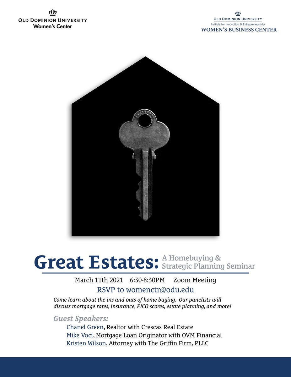 Are you ready to take the next big step and buy a home? Join us on March 11th to learn about the ins and outs of home buying from our guest panelists! 🏡

RSVP to womenctr@odu.edu!