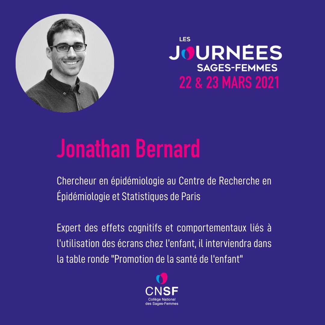 ✨Journées Sages-Femmes - 22 et 23 mars 2021 
🔎 Coup d’œil sur nos expert.e.s 
👨🏻‍⚕️ Jonathan Bernard est chercheur en épidémiologie. Il interviendra aux JSF en tant qu’expert de l’utilisation des écrans chez l’enfant.
🎟 Envie d’en savoir plus ? : journees-sages-femmes.fr/inscriptions/