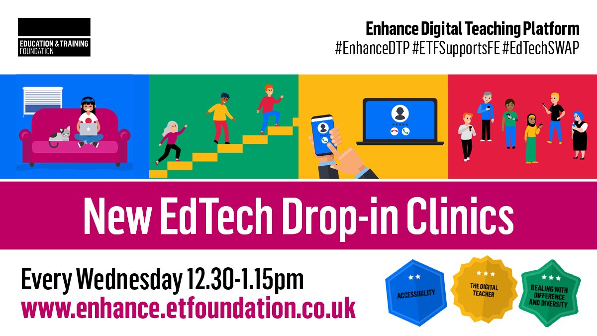 E_T_Foundation's tweet photo. Our second drop-in clinic for those using the #EdTech modules on the #EnhanceDTP is on Wednesday 24 February at 12.30pm β‘οΈ https://t.co/H6CSy0G2WU
It will look at remote delivery and equitable access to #technology, focusing on supporting learners.
#digitalETF #ETFSupportsFE https://t.co/kTx8dgKcgZ