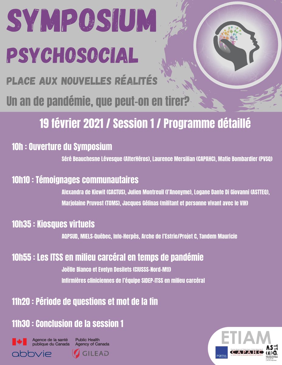 Pour des inscriptions de dernière minute :  tiny.cc/inscriptionSym…

Le #Symposium #psychosocial que nous organisons avec <a href="/ASTTeQ/">ASTTeQ</a> et @PortailVIH grâce au soutien de notre bailleur de fonds <a href="/ASPC_GC/">Santé publique ASPC</a> et commanditaires <a href="/abbviecanada/">AbbVie Canada</a> <a href="/GileadSciences/">Gilead Sciences</a> commence à 10h.

#RDM #VIH #VHC
