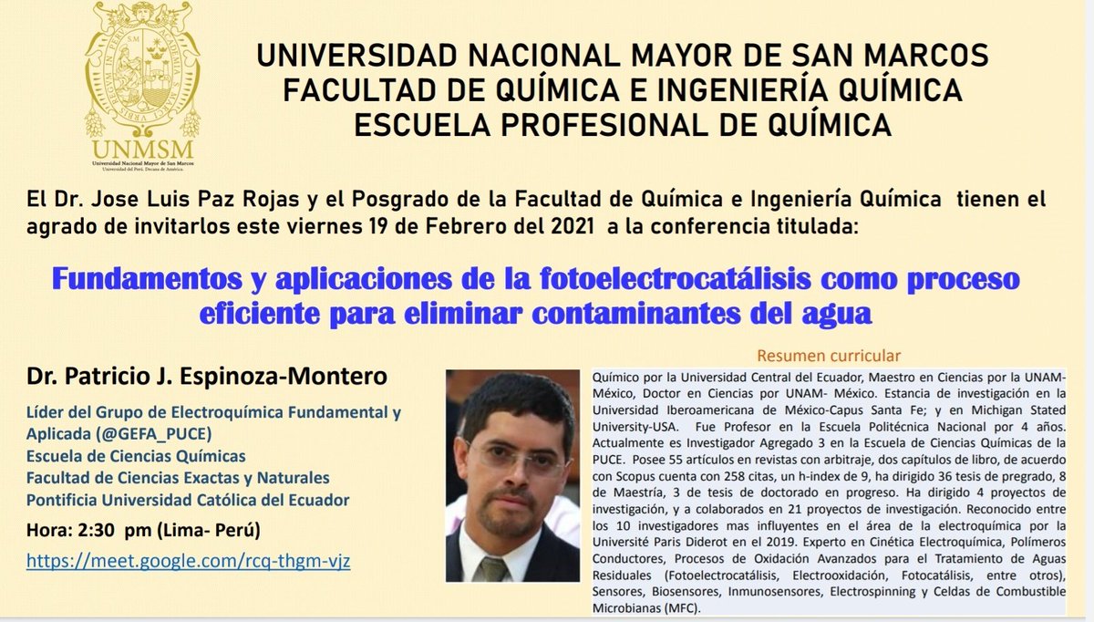 Todos invitados a la conferencia del Dr. <a href="/PJEM_QUIM/">PEspinoza-Montero</a>,
 del grupo <a href="/GEFA_PUCE/">GEFA-PUCE</a>
Fundamentos y aplicaciones de la fotocatálisis como proceso eficiente para eliminar contaminantes del agua