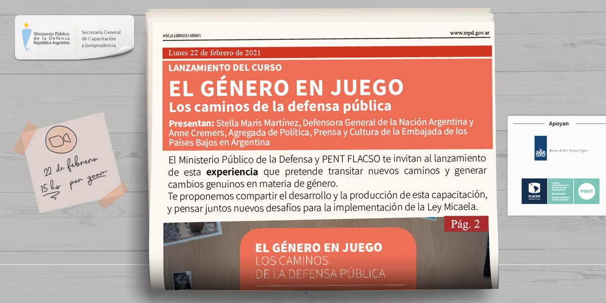 MpdArgentina's tweet photo. ¿Qué necesitamos saber para actuar con perspectiva de género desde la defensa pública? Lo charlamos el 22/2 a las 15h en el lanzamiento de “El género en juego”, curso del MPD con apoyo de @NLinargentina y @pent_flacso
#LeyMicaela #ViolenciaDeGenero #DefensaPublica #Justicia https://t.co/NT8uXVwYFl
