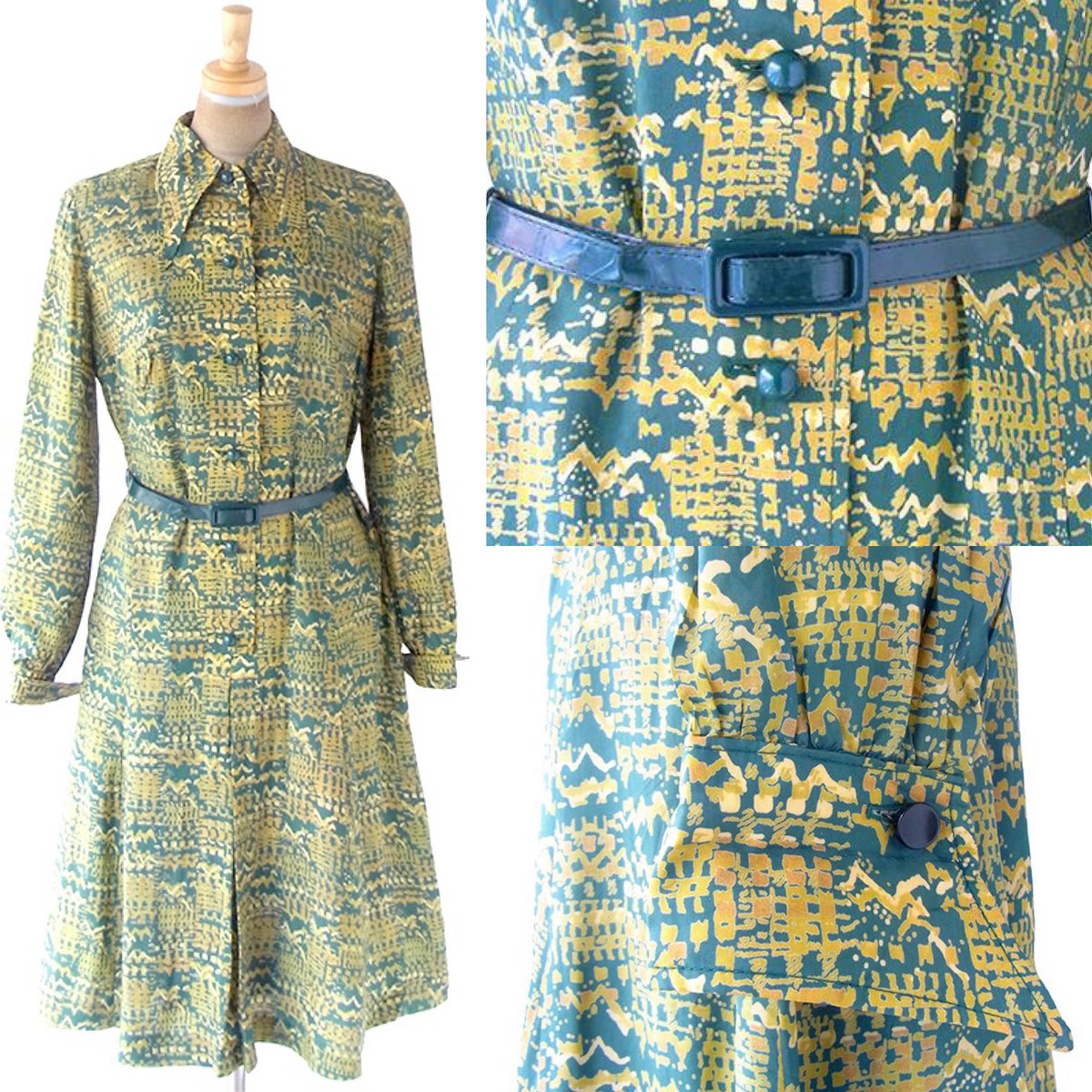 中野古着屋little Bird たった今アップしました 送料無料 ロンドン買い付け 70年代製 グリーン X ゴールド レトロ柄 共布ベルト付き ヴィンテージ ワンピース 21om107 ヨーロッパ古着 T Co Paqq2qrh 古着 中野 レトロ ヴィンテージ