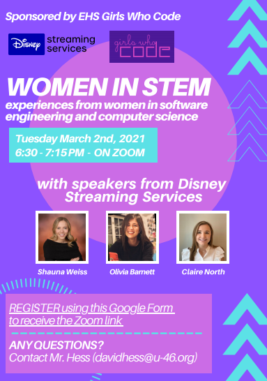 CounselorHess's tweet photo. @GirlsWhoCodeEHS is excited to present 3 Women working in Software Engineering for @DisneyStreaming 

Elgin girls who are interested, register here:

https://t.co/wotfQJ2ElD https://t.co/4PejBIpv38