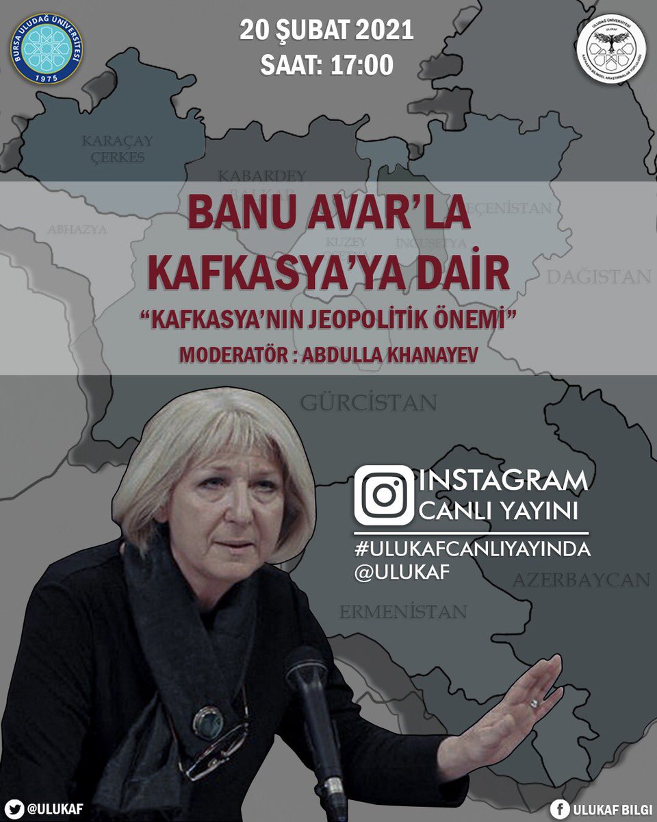 Yarın (20 Şubat) Saat 17.00'de <a href="/ulukaf/">UluKaf #21May1864</a> 'la beraber Kafkasya'nın Jeopolitik Önemi konulu bir Instagram canlı yayını gerçekleştireceğiz. Beklerim. 

Ulukaf: Uludağ Üniversitesi Kafkasya Bilimsel Araştırmalar Topluluğu