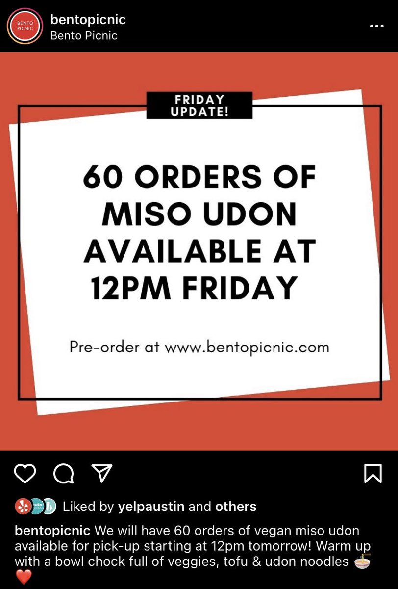 . @bentopicnic has 60 orders of miso udon available at 12pm. Order ahead on their site.  #austin