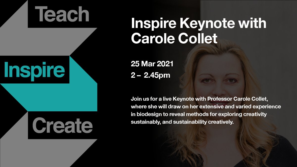 UALawardingbody's tweet photo. We're delighted to announce our second #TeachInspireCreate21 keynote: Designing with and for living systems with Professor in Design for Sustainable Futures at @csm_news Carole Collet
🍃
This free online session will explore creativity and sustainability: https://t.co/ILrKzdHyFQ https://t.co/KUSGk6zqZx