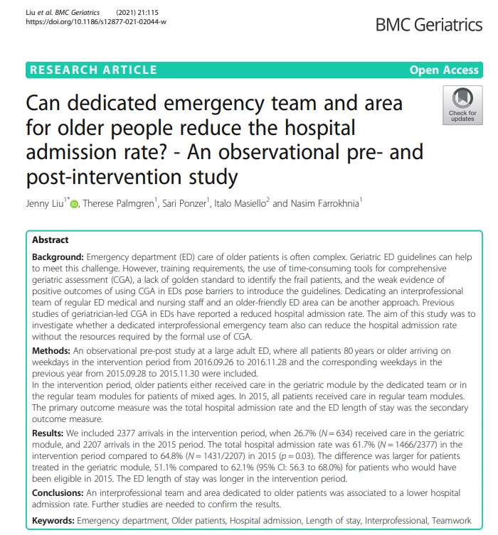 'An interprofessional team and area dedicated to older patients was associated to a lower hospital admission rate.' #AcuteFrailty #GeriEM