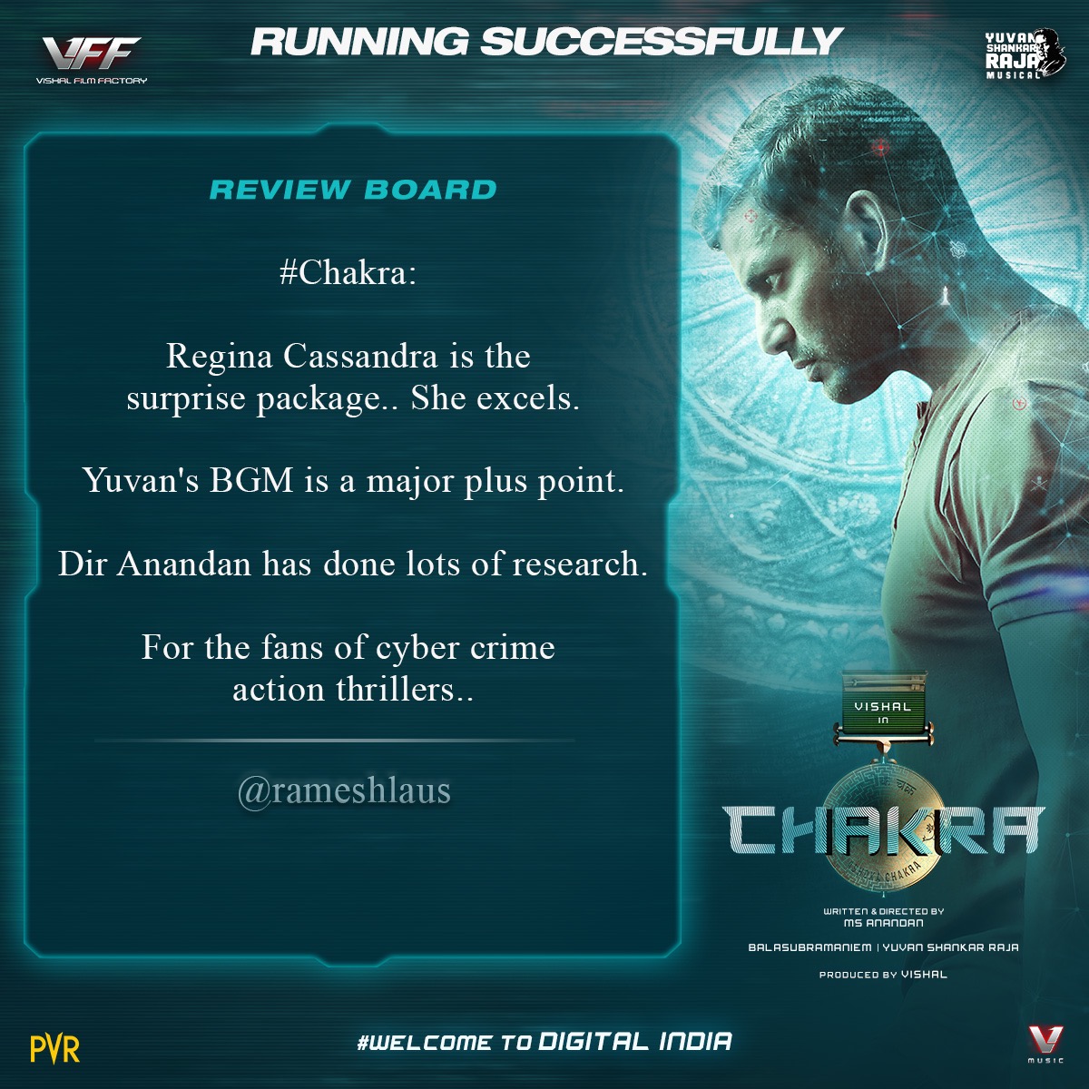 VffVishal's tweet photo. Fantastic reviews for #Chakra 🎖️all around!!

#Chakra in theaters now!
#VishalChakra

@VishalKOfficial @thisisysr @ShraddhaSrinath @ReginaCassandra @AnandanMS15 @gobeatroute https://t.co/QAf4SoQj6f