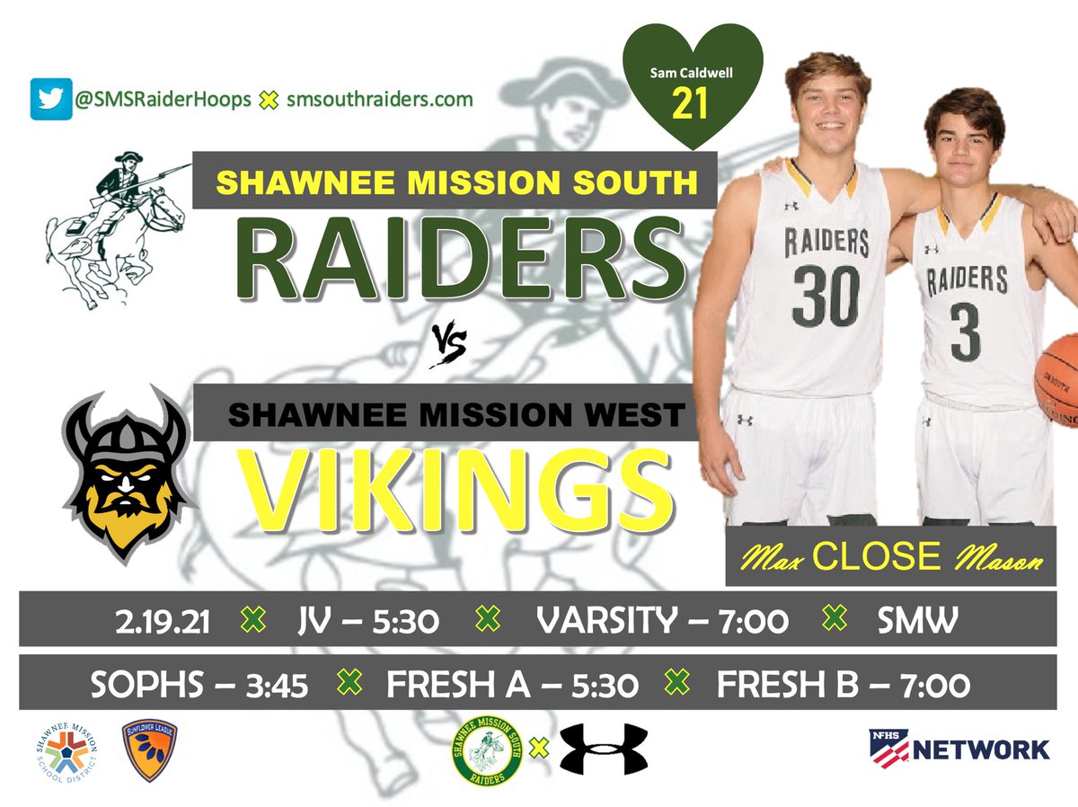 SMSRaiderHoops's tweet photo. #GAMEDAY
🆚 SM West Vikings
📍 SMWHS
🌻 League Game
🕰 JV - 5:30▪️Varsity - 7:00
Soph-3:45▪️FrA-5:30▪️FrB-7:00
🎟 Approved Fans Only🦠
🖥 NFHS Network
📲 Follow @SMSRaidersAD & @SMSouthTDain for updates!
#RaidersNation🔰#Southside
💚#FlyHigh21💛 https://t.co/m1OXffFStp