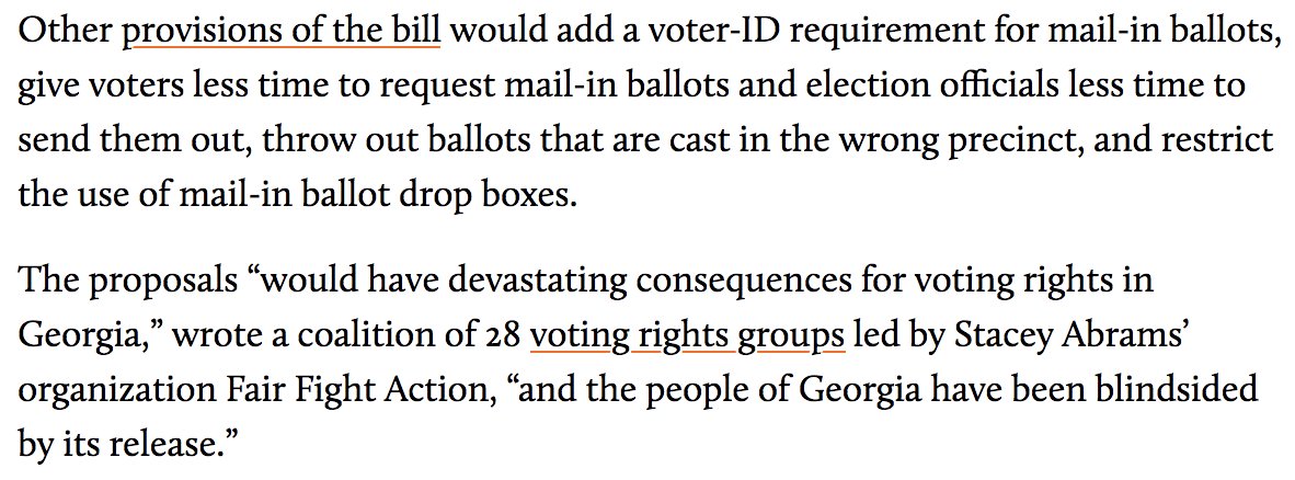 New Georgia GOP voter suppression bill:-ends Sunday voting when Black voters use Souls to the Polls-give voters less time to request & return mail ballots-restricts mail ballot drop boxes-adds voter ID for mail voting-makes it more likely ballots thrown out