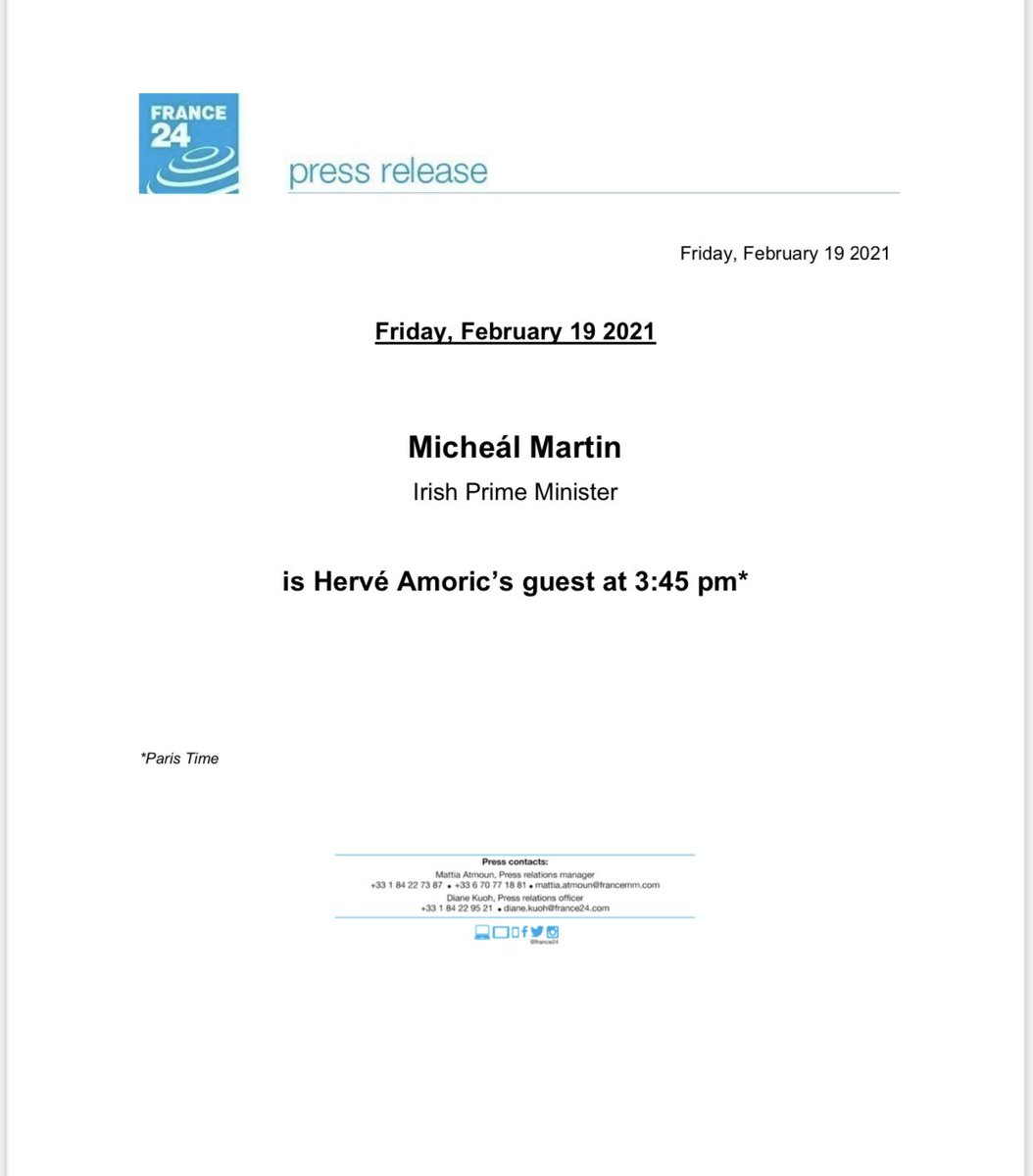 🎙🇮🇪 <a href="/MichealMartinTD/">Micheál Martin</a>, Prime Minister of #Ireland, is the guest of <a href="/HerveAmoric/">Herve Amoric</a> 

 On <a href="/France24_en/">FRANCE 24 English</a> at 3:45 pm (GMT+1)

#F24 #interview #politics